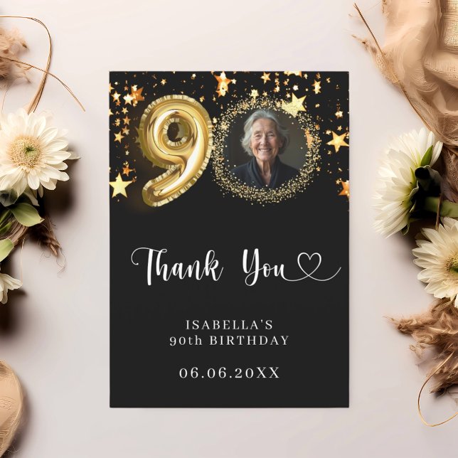 90th birthday black gold stars photo thank you card (Creator Uploaded)