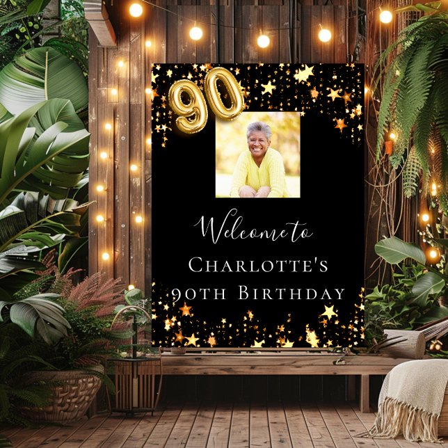90th birthday black gold stars photo welcome poster (Creator Uploaded)