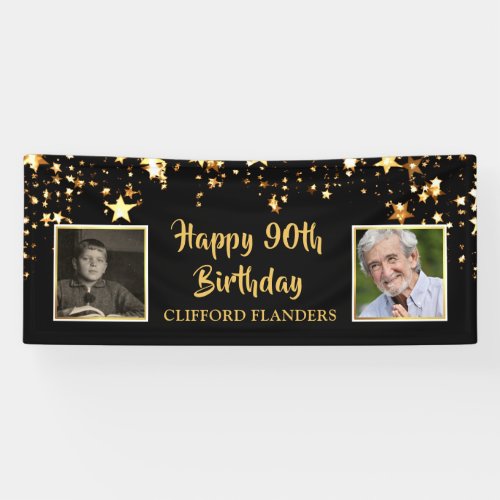 90th Birthday Black Gold Stars Photos Personalized Banner