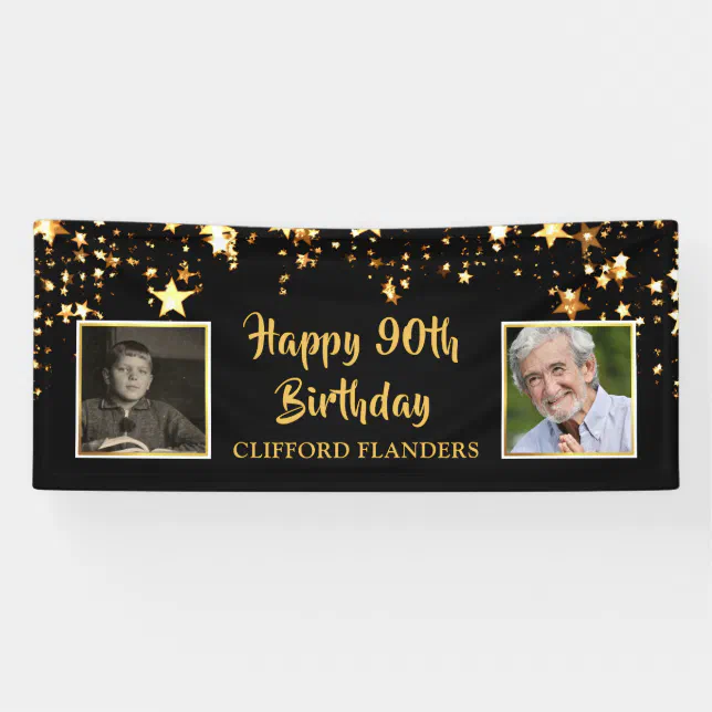 90th Birthday Black Gold Stars Photos Personalized Banner Zazzle