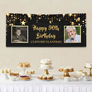 90th Birthday Black Gold Stars Photos Personalized Banner