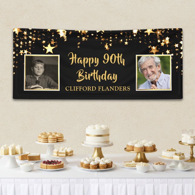 90th Birthday Black Gold Stars Photos Personalized Banner (Creator Uploaded)