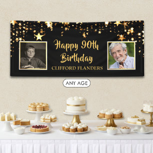 90th Birthday Black Gold Stars Photos Personalized Banner