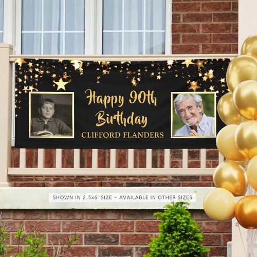 90th Birthday Black Gold Stars Photos Personalized Banner