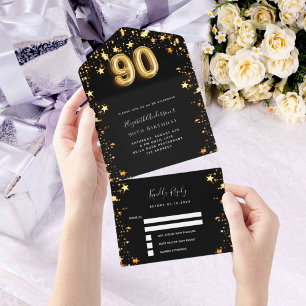 90th birthday black gold stars rsvp all in one invitation