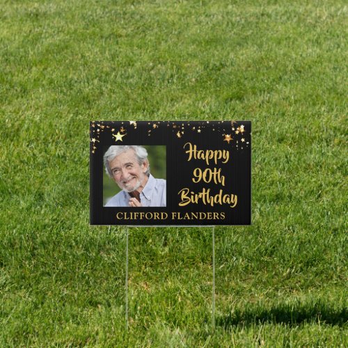 90th Birthday Black Gold Stars Two Photos Name Sign