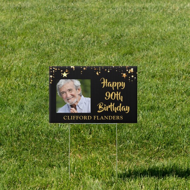 90th Birthday Black Gold Stars Two Photos Name Sign (Insitu)