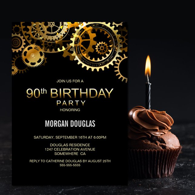 90th Birthday Black Gold Steampunk Watch Gears Invitation (Creator Uploaded)