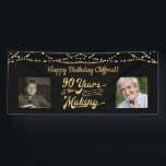 90th Birthday Black Gold String Lights Retro Photo Banner<br><div class="desc">Celebrate a 90th birthday with this black and gold party banner sign with string lights featuring a retro typography title design of 90 YEARS IN THE MAKING that incorporates their birth year as part of the design, 2 photos (fun to include Then and Now photos) and your personalized custom message...</div>