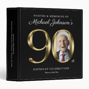 90th Birthday Black Gold Text Custom Photo Classy 3 Ring Binder