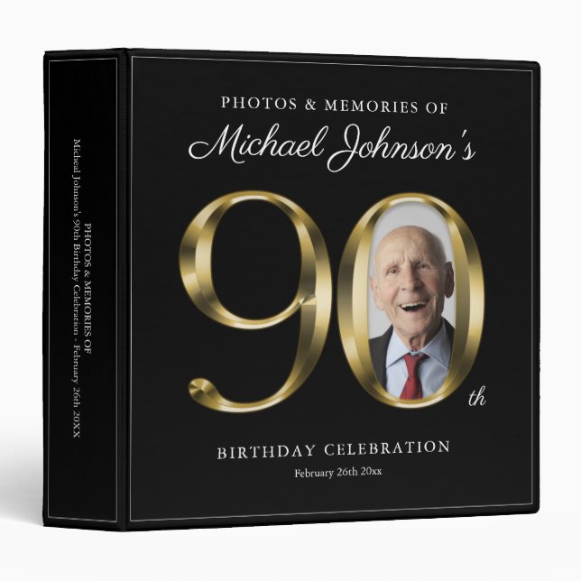 90th Birthday Black Gold Text Custom Photo Classy  3 Ring Binder (Front/Spine)