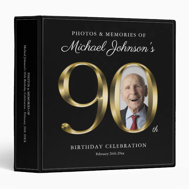 90th Birthday Black Gold Text Custom Photo Classy 3 Ring Binder | Zazzle