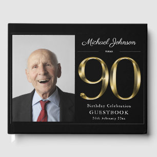 90th Birthday Black Gold Typography Classy Custom Guest Book