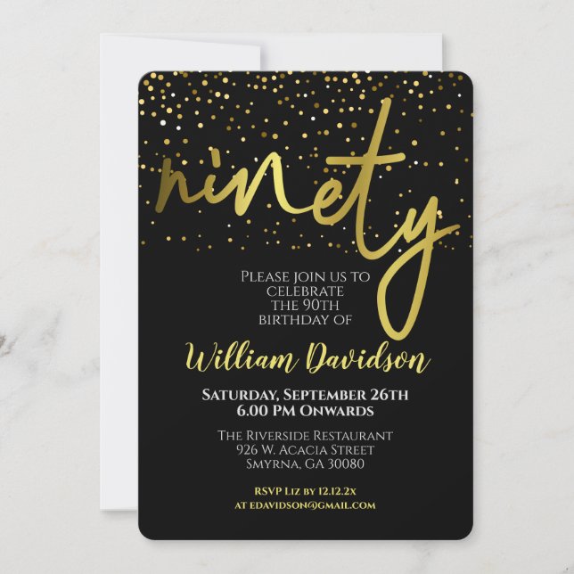 90th Birthday Black Gold Typography Invitation (Front)