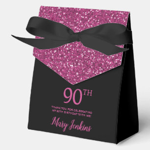 90th Birthday Black Hot Pink Glitter Thank You Favor Boxes