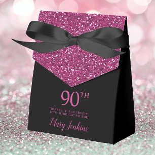 90th Birthday Black Hot Pink Glitter Thank You Favor Boxes
