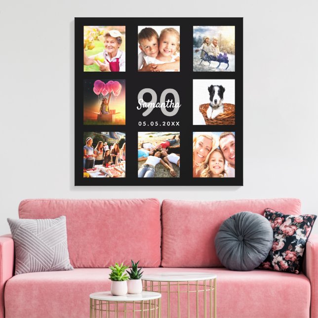 90th birthday black photo collage monogram canvas print (Insitu(LivingRoom))