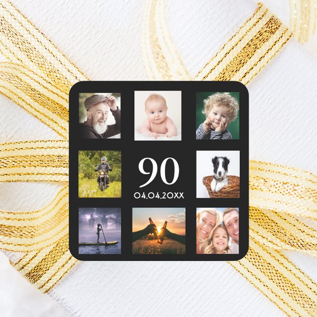 90th birthday black photo collage square sticker (Creator Uploaded)