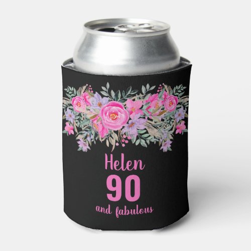 90th birthday black pink floral can cooler