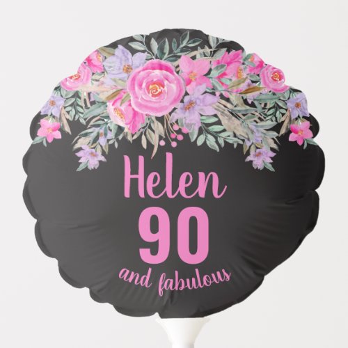 90th birthday black pink floral script name balloon