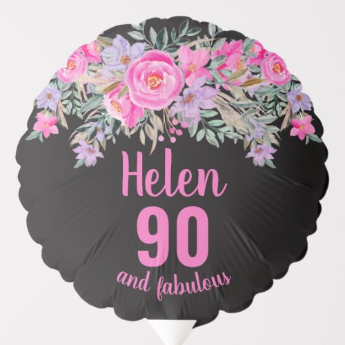 90th birthday black pink floral script name balloon