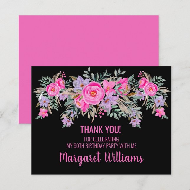 90th birthday black pink floral thank you card (Front/Back)