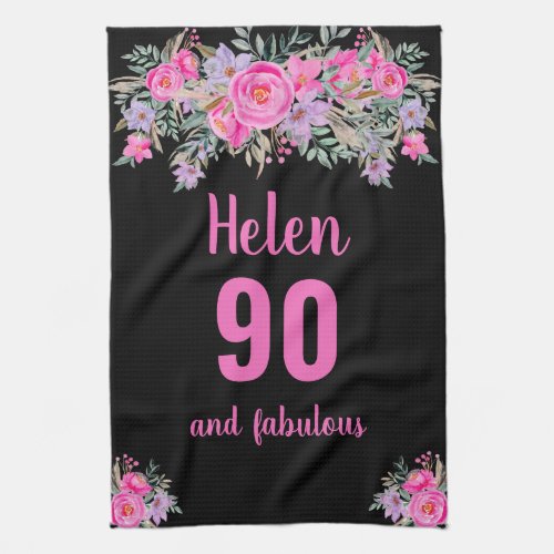 90th birthday black pink floral unique  kitchen towel