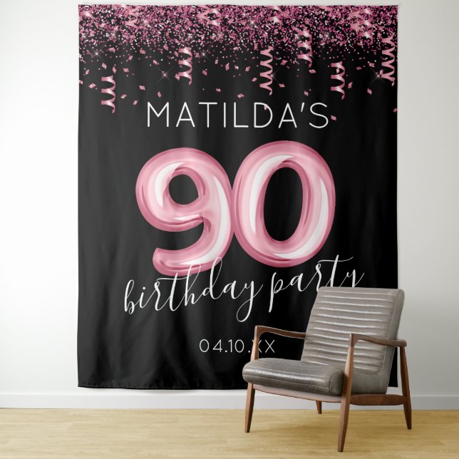 90th Birthday Black Pink Photo Backdrop (In Situ)