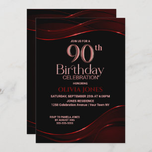 90th Birthday Black Red Party Invitation