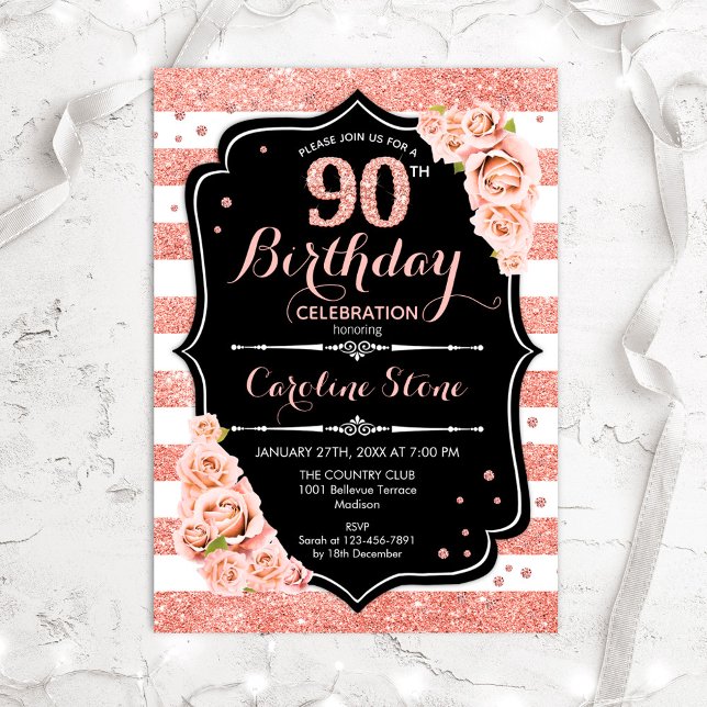 90th Birthday Black Rose Gold and White Stripes Invitation (Creator Uploaded)