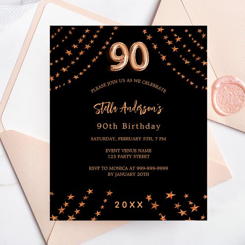 90th birthday black rose gold budget invitation