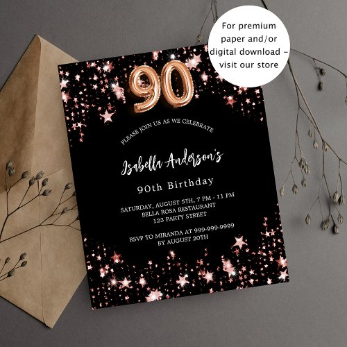 90th birthday black rose gold budget invitation