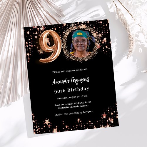 90th Birthday black rose gold photo invitation