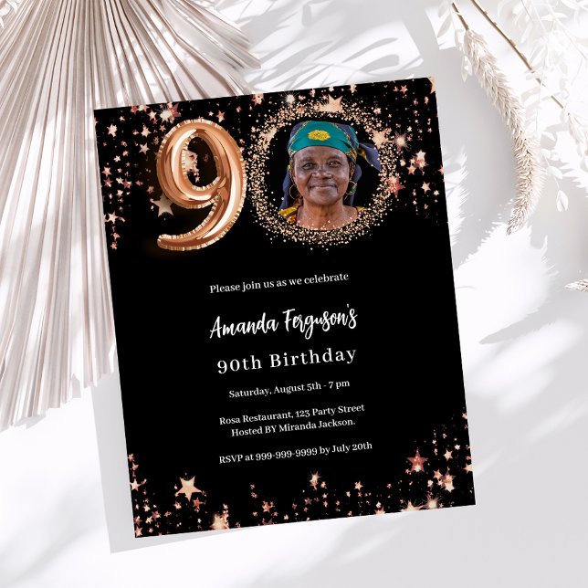 90th Birthday black rose gold photo invitation (Creator Uploaded)