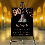 90th Birthday black rose gold photo star welcome   Foam Board<br><div class="desc">A welcome board for a girly and glamorous 90th birthday party.  A classic black background decorated with rose gold stars.  Personalize and add a photo and name.  Number 90 is written with a balloon style font.
Back: no design</div>