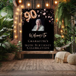 90th Birthday black rose gold photo star welcome Poster<br><div class="desc">A welcome poster for a girly and glamorous 90th birthday party.  A classic black background decorated with rose gold stars.  Personalize and add a photo and name.  Number 90 is written with a balloon style font.</div>