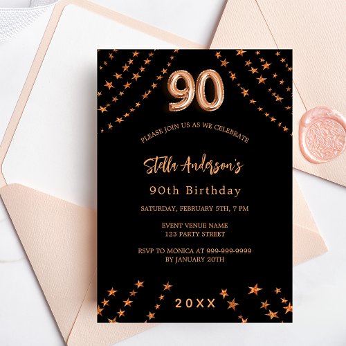 90th birthday black rose gold stars elegant invitation