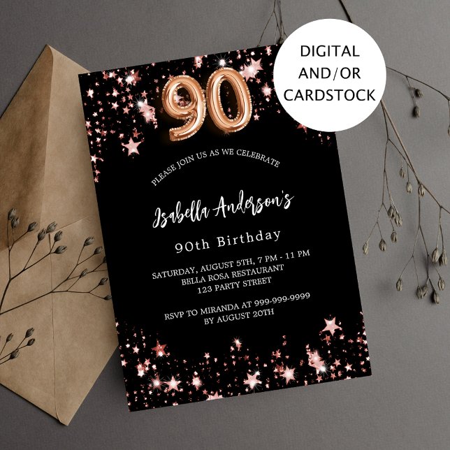 90th birthday black rose gold stars invitation (Creator Uploaded)