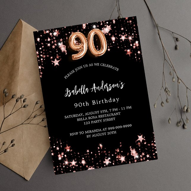 90th birthday black rose gold stars invitation postcard (Creator Uploaded)