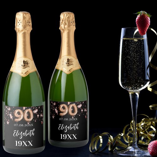 90th Birthday black rose gold stars Sparkling Wine Label