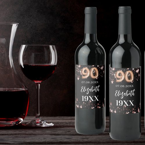 90th Birthday black rose gold stars Wine Label