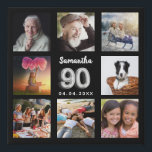 90th birthday black silver custom photo collage faux canvas print<br><div class="desc">A unique gift for a 90th birthday, celebrating her life with a collage of 8 of your own photos, pictures. Personalize and add her name and a date. A chic black background. The name is written with a modern hand lettered style script, number 90 with a faux silver balloon style...</div>