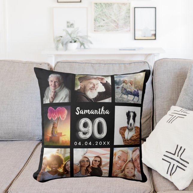 90th birthday black silver photo collage throw pillow (Creator Uploaded)