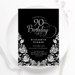 90th Birthday Black Silver Roses Invitation<br><div class="desc">Black silver elegant 90th birthday party invitation. Classy design featuring roses,  faux silver foil and typography script font. Trendy invite card perfect for a stylish female bday celebration. Personalize with your own details. Can be customized to any age. Printed Zazzle invitations or instant download digital printable template.</div>