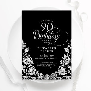 90th Birthday Black Silver Roses Invitation