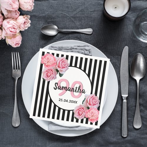 90th birthday black stripes pink florals classic napkins