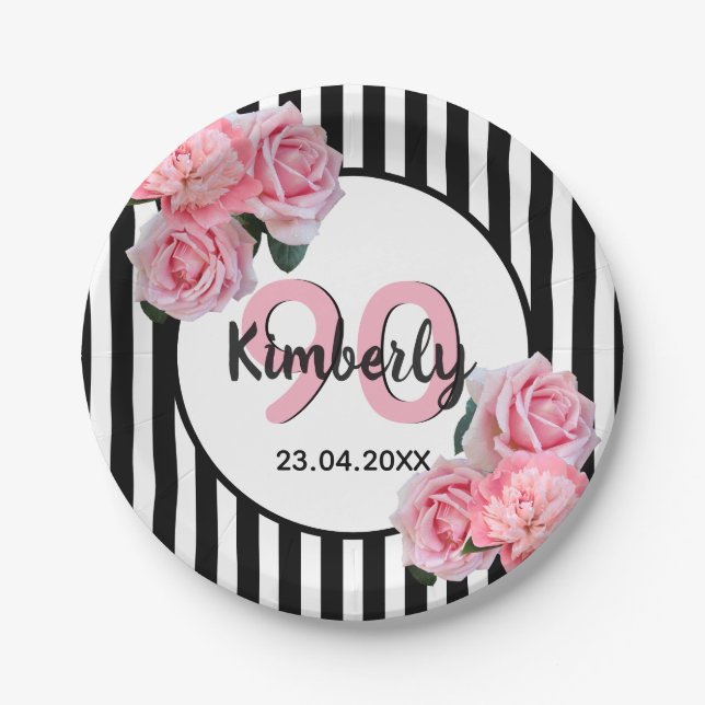 90th birthday black stripes pink florals classic paper plates (Front)