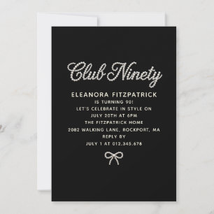 90th Birthday Black White Pearl Script Bow Invitation