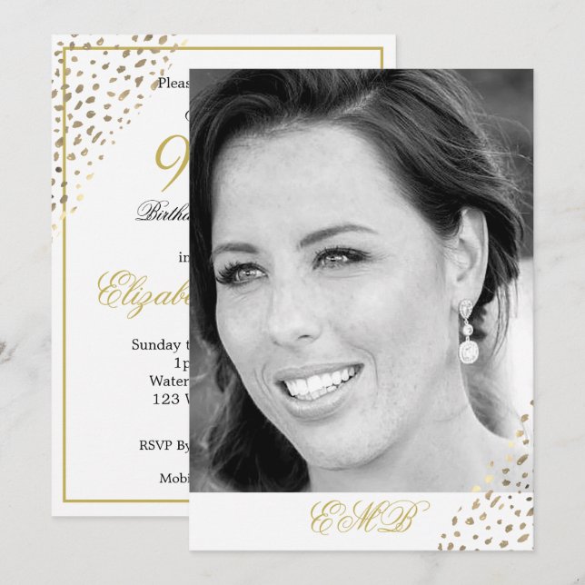 90th Birthday Black White Photo Gold  Elegant Invitation (Front/Back)