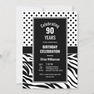 90th Birthday Black White Polka Dots Zebra Stripes Invitation